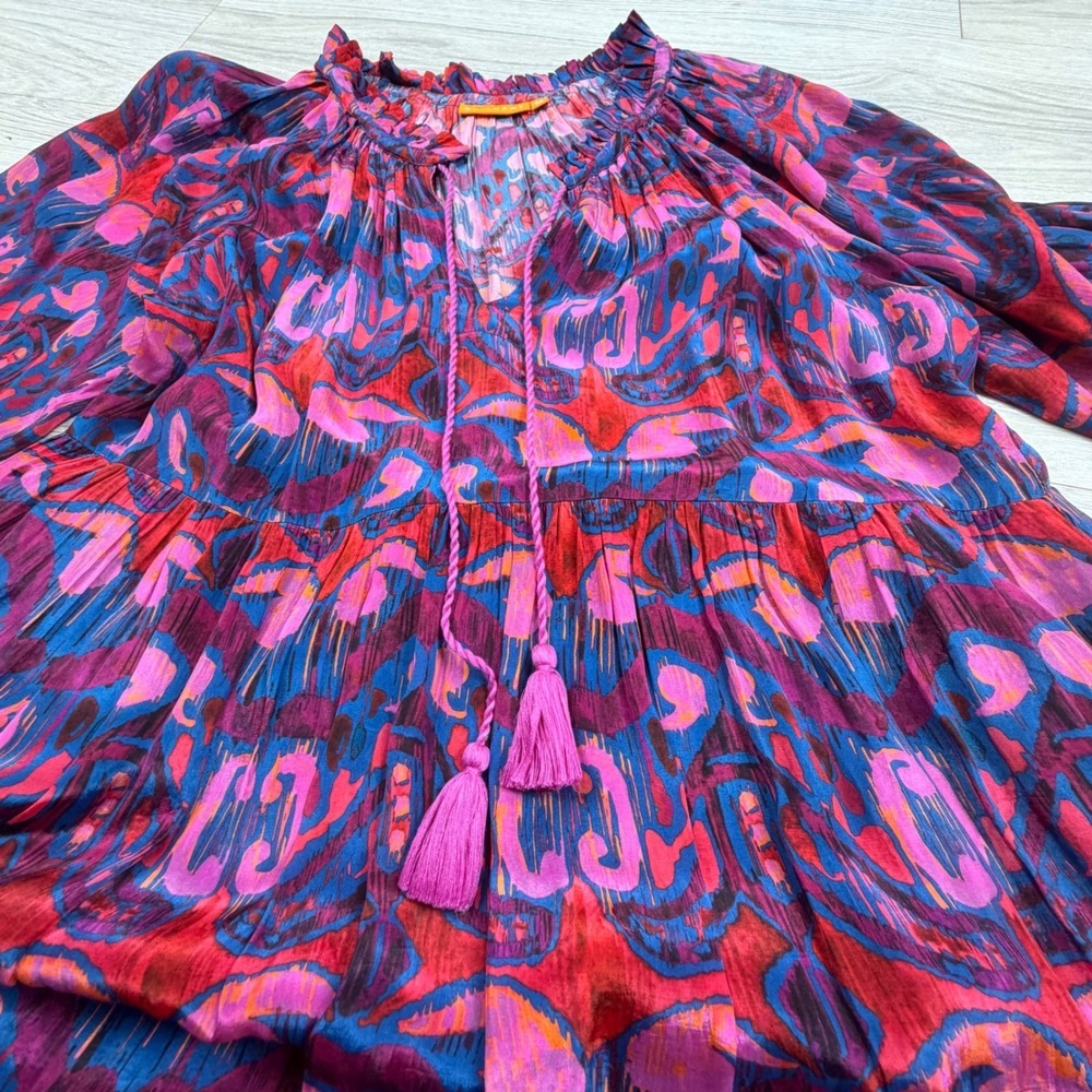 Oliphant Pink Blue Ikat Tiered Mini Dress Balloon Sleeve Tassel Tie Womens‎ M - Picture 6 of 9